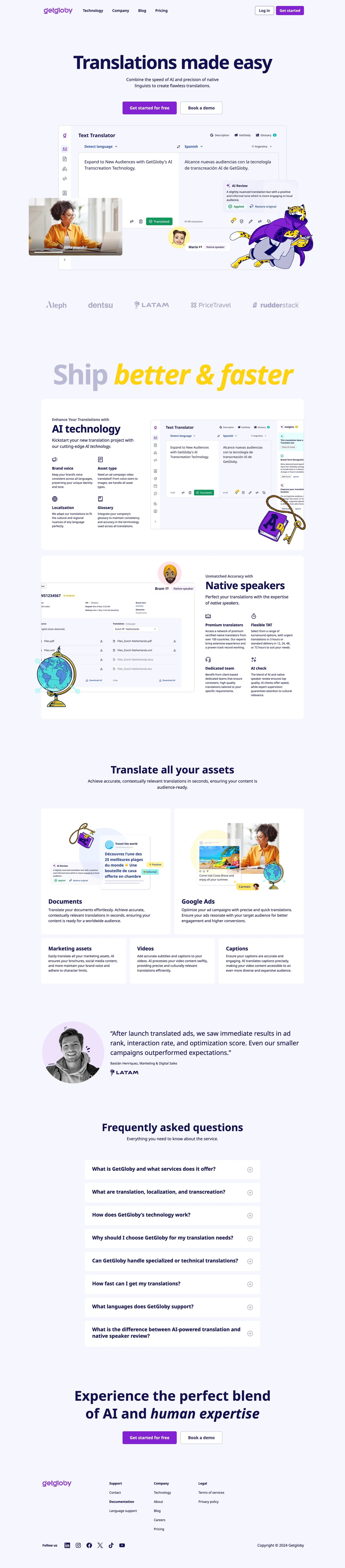 Sitio de marketing de GetGloby: hero con Translations made easy, secciones de IA y hablantes nativos, tipos de assets, un testimonio de LATAM, FAQ y footer