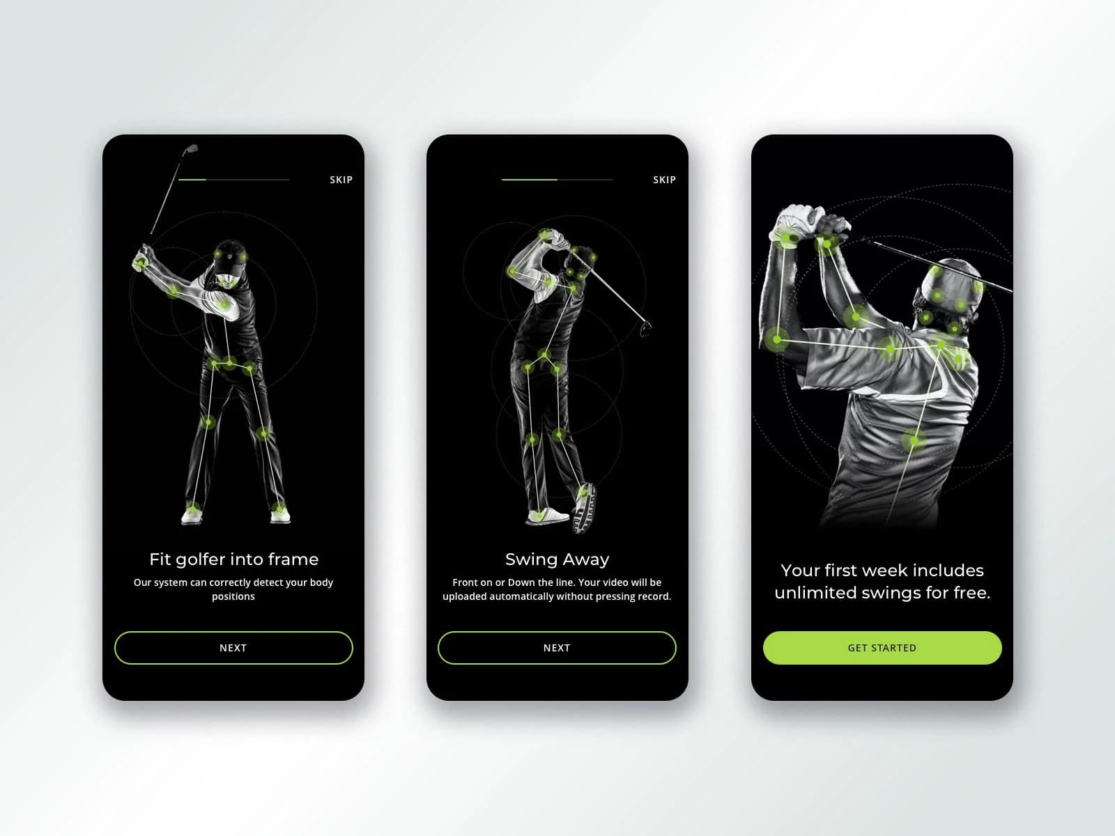 Tres pantallas de onboarding de Golf Boost con overlays de pose, que explican el encuadre, la captura automática del swing y una primera semana gratis