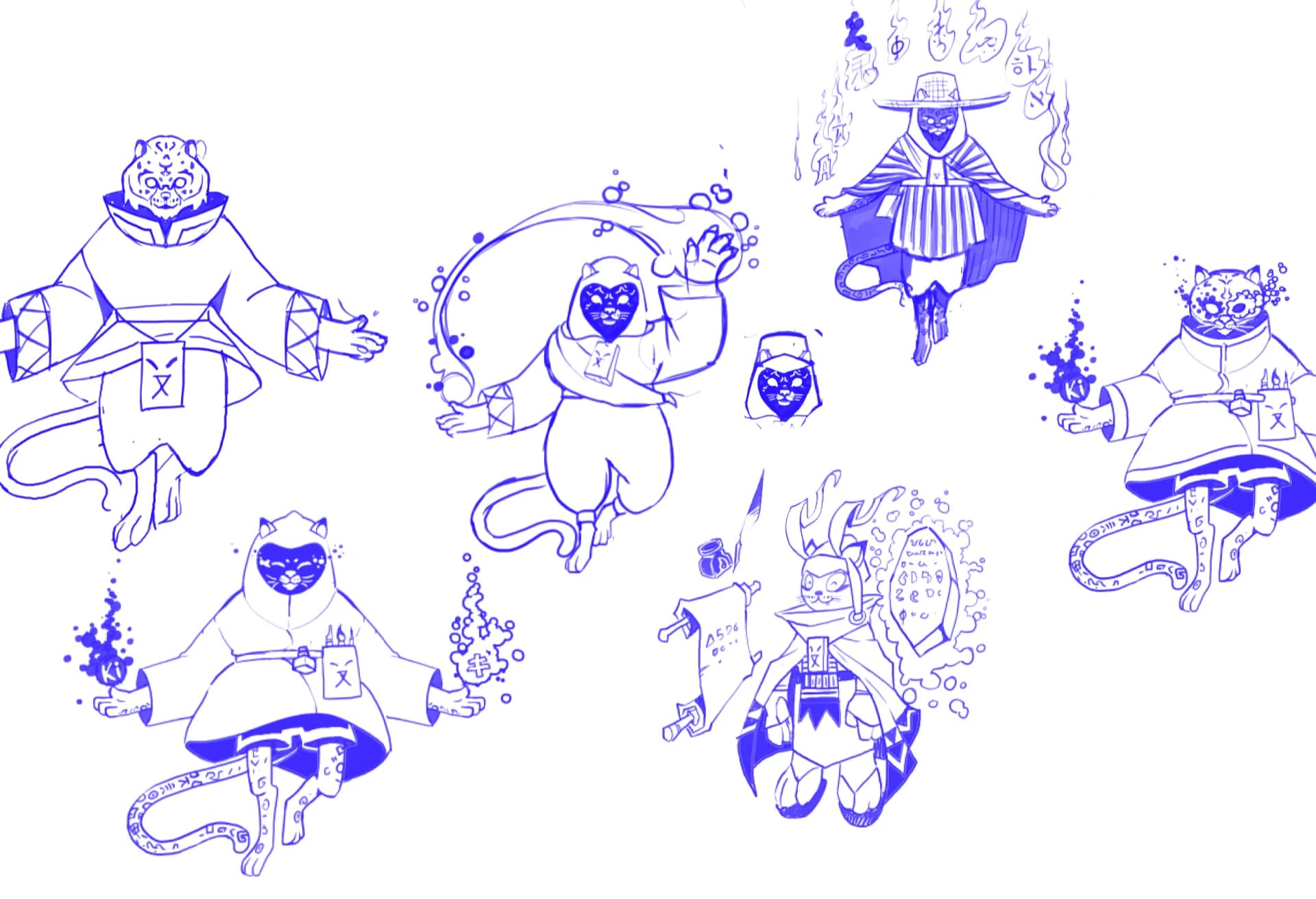Bocetos de exploración en línea azul de Jaga con túnicas y poses místicas