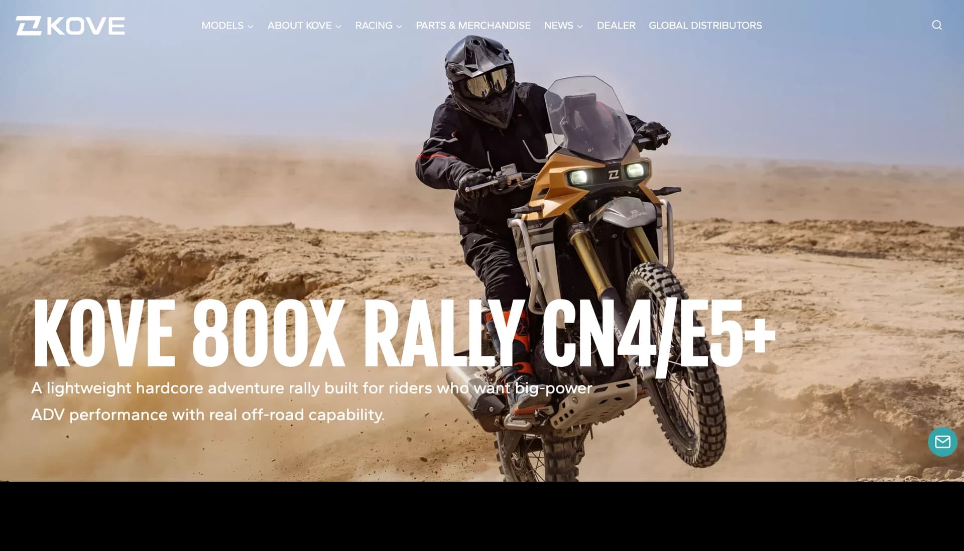 Kove 800X Rally current model page: desert rider, full nav, and KOVE 800X RALLY CN4/E5+ headline