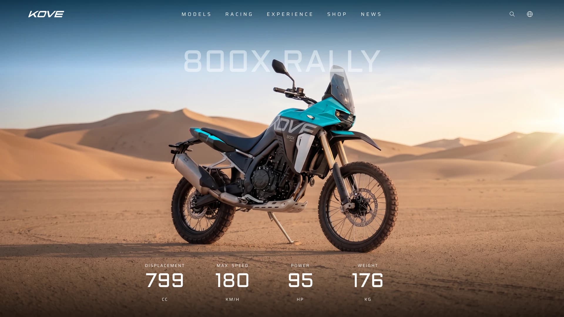 Kove 800X Rally landing: desert hero, KOVE nav, model name, and four specs