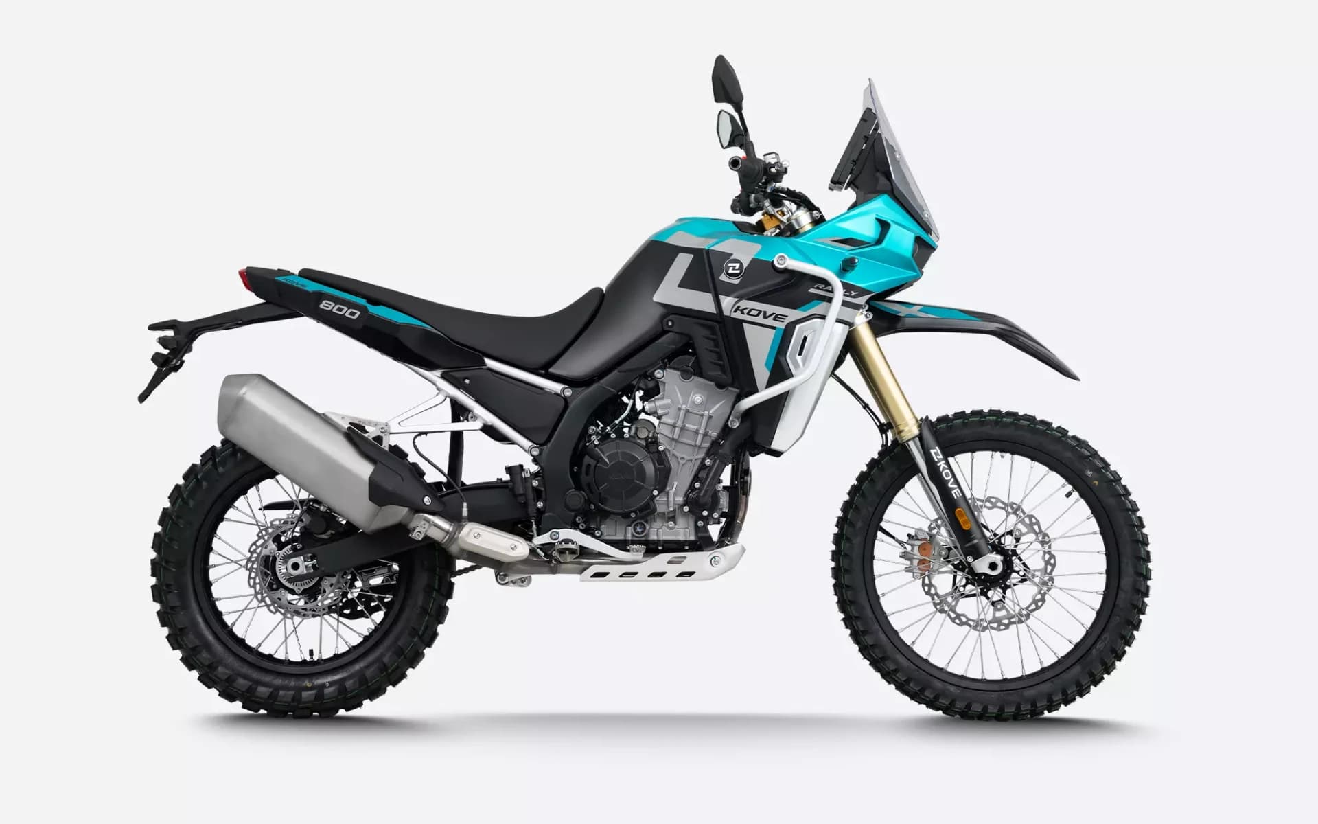 Kove 800X Rally factory studio side view with 800 on the cowl and KOVE on the side panel