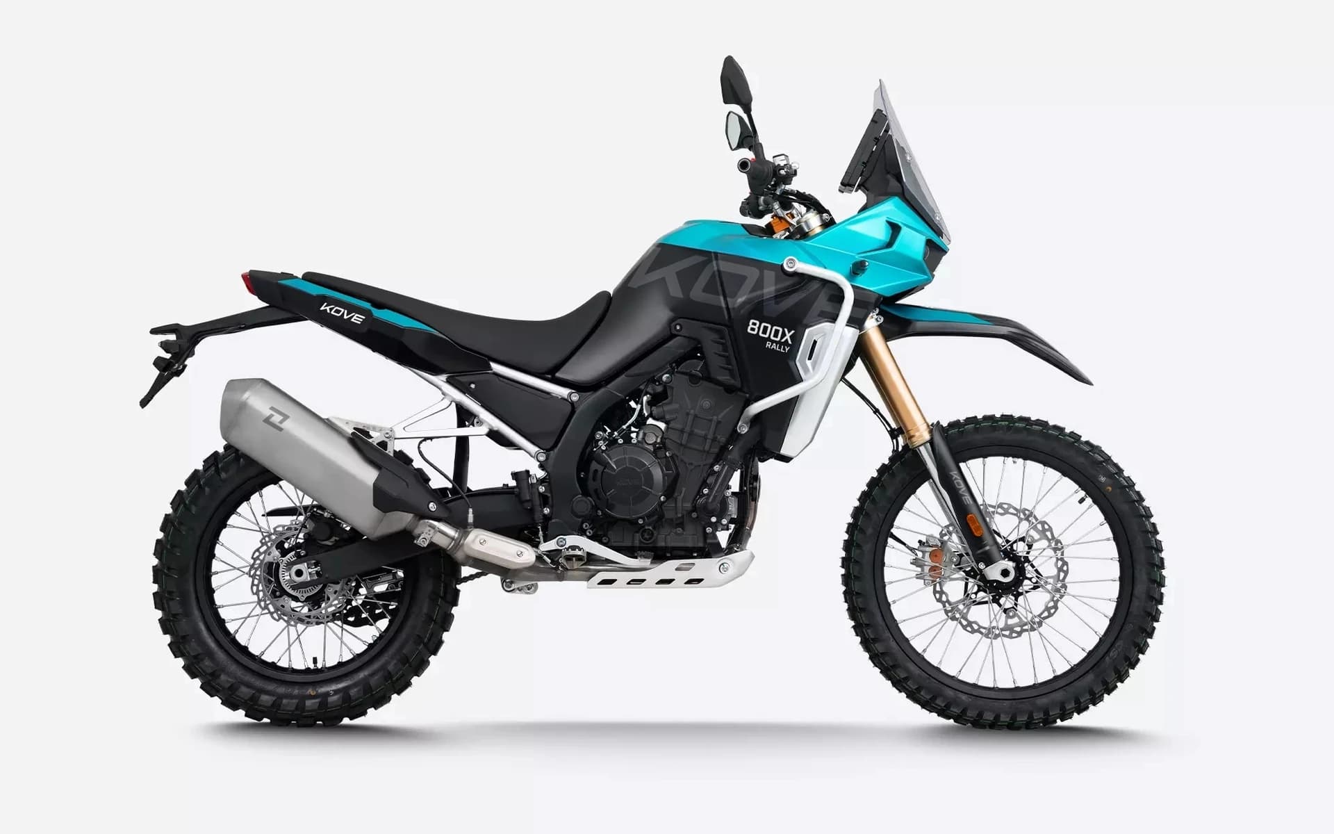 Kove 800X Rally studio side view with teal and black Rally graphics