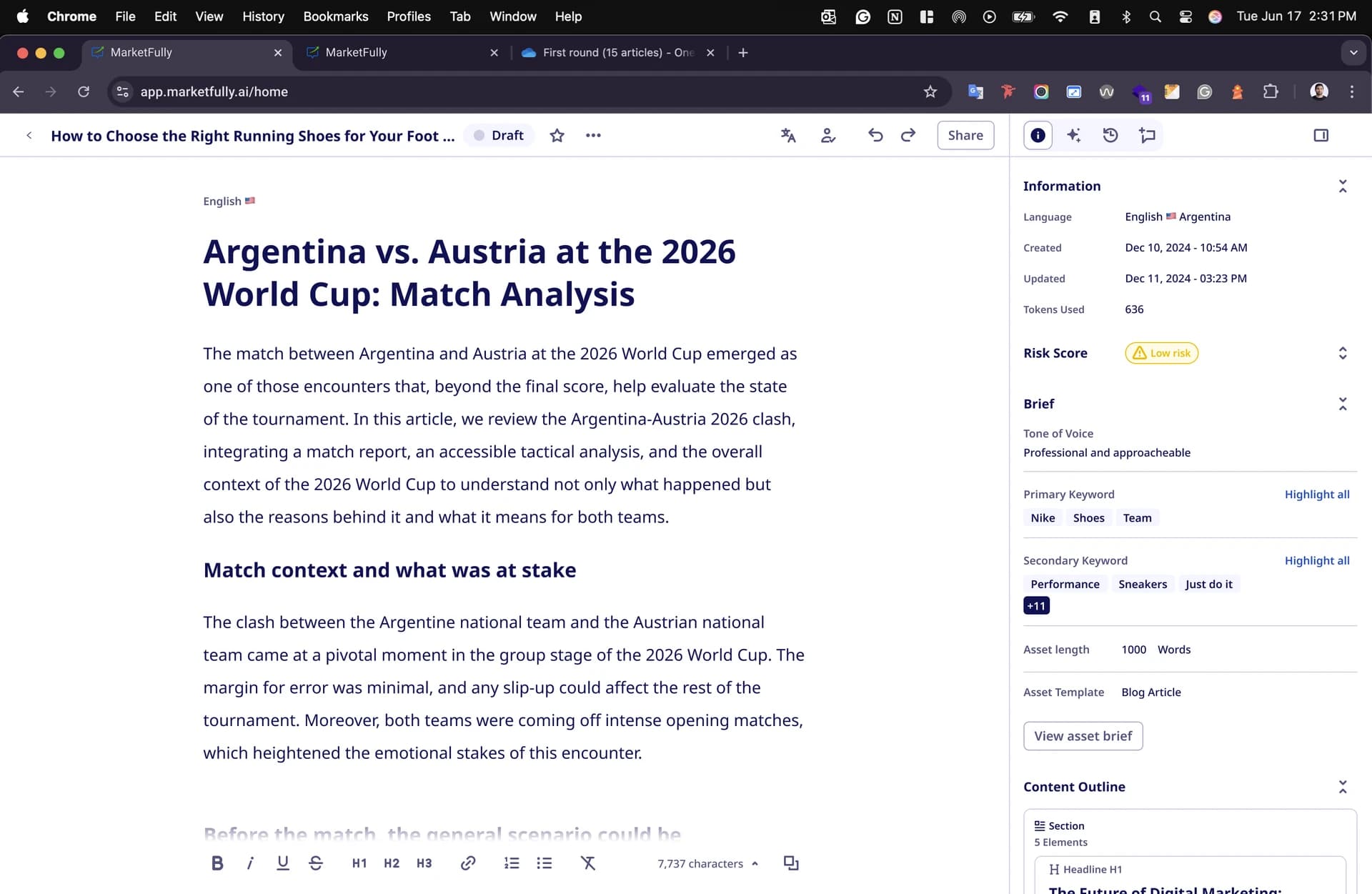 Editor de contenido de Marketfully.ai con borrador, metadata y el brief al lado