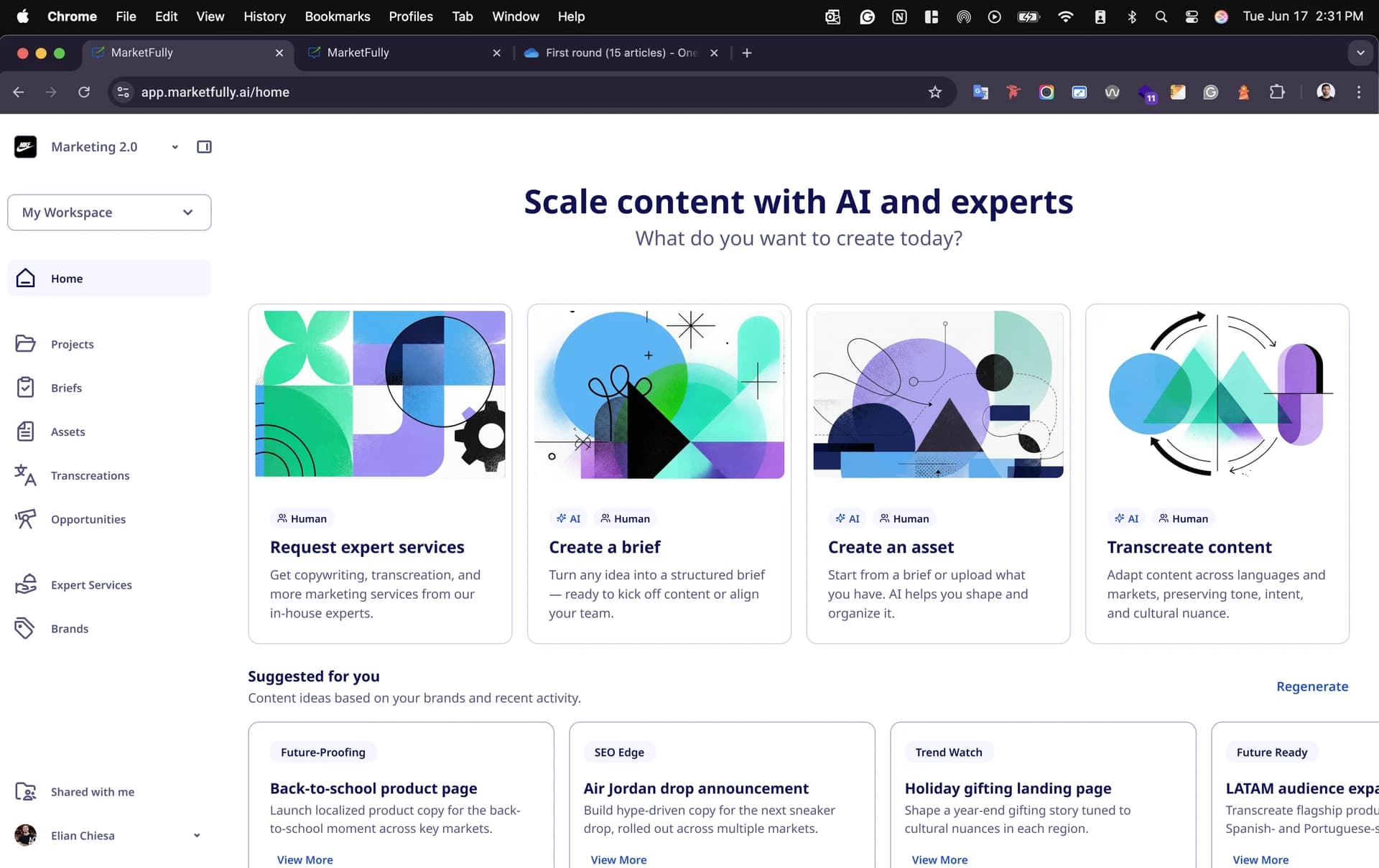 Home de Marketfully.ai con caminos de creación y contenido sugerido para un workspace