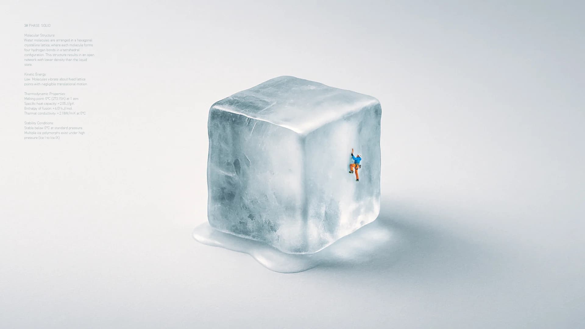 Melting ice cube scaled as a mountain with a tiny climber on its face