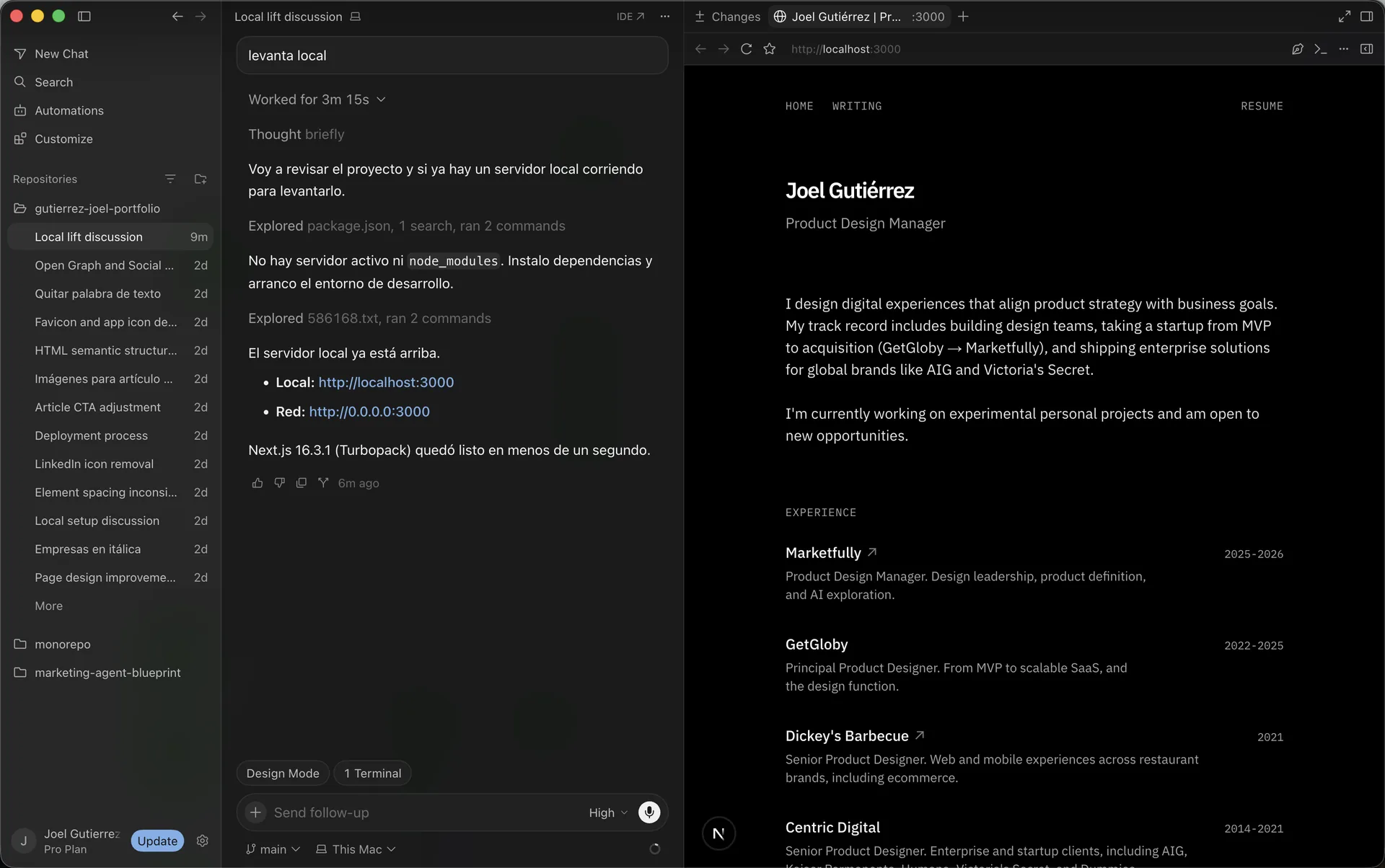 Screenshot of the Cursor interface in dark mode, displaying an active AI chat panel on the left, a terminal at the bottom, and a text document on the right