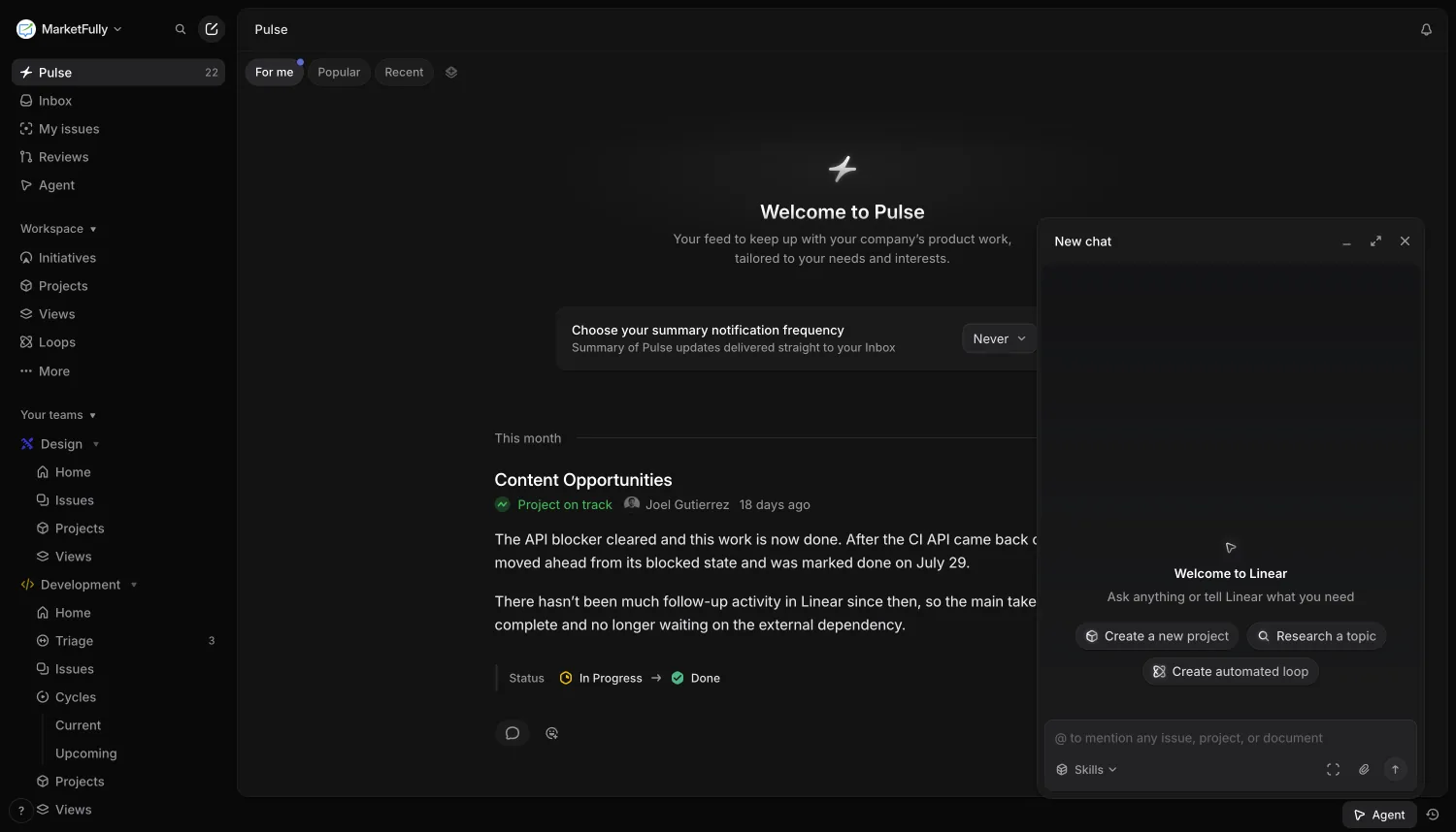 Screenshot of the Linear interface in dark mode, displaying the Pulse dashboard in the center and the AI assistant chat panel on the right