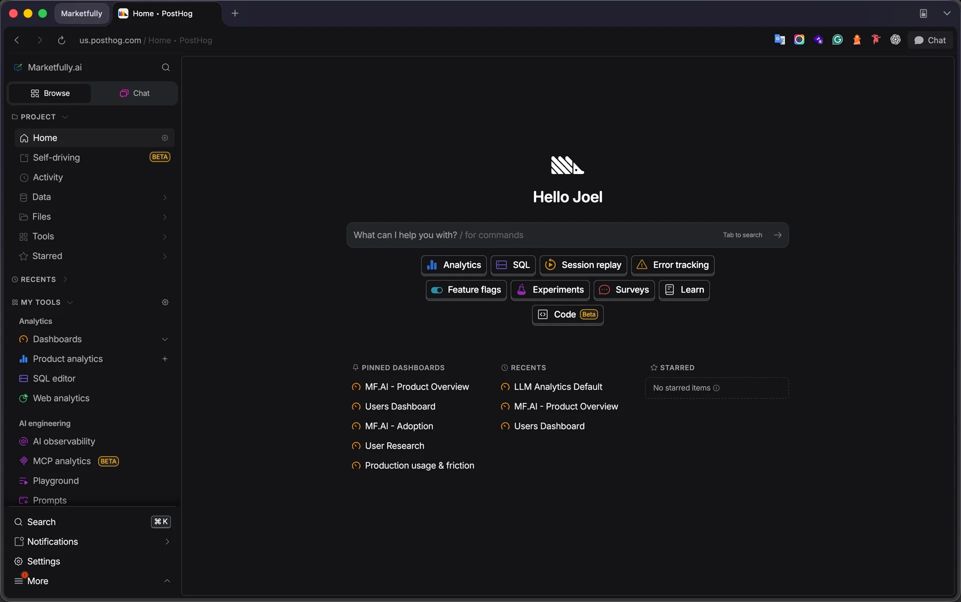 Screenshot of the PostHog interface in dark mode, featuring a left navigation sidebar and a central dashboard with a personalized greeting and an AI command prompt