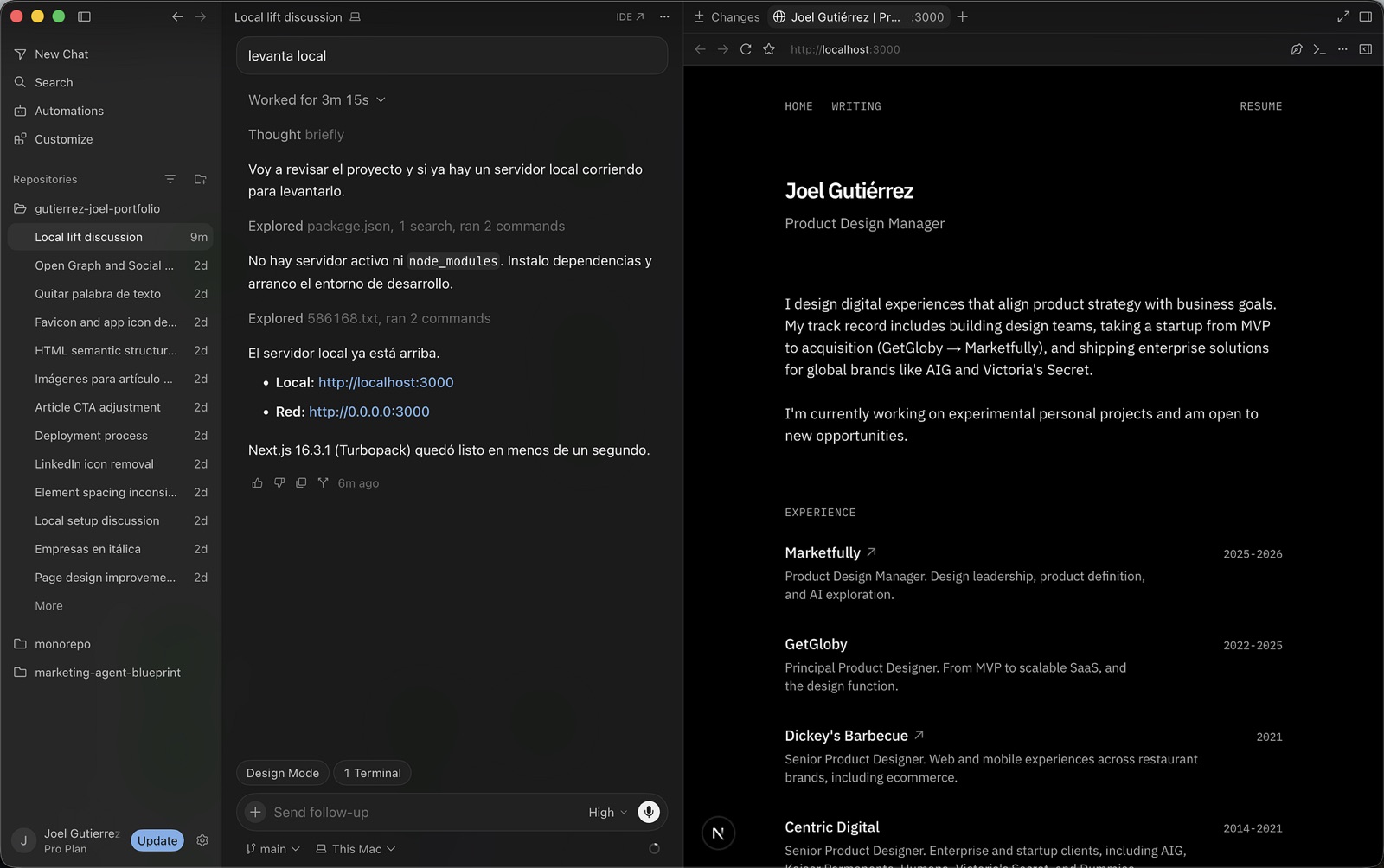 Cursor IDE with a portfolio project, agent sidebar, and live preview of a personal site