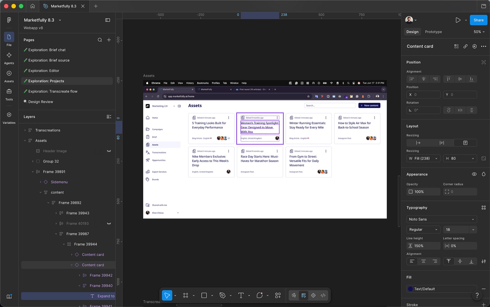 Figma canvas showing a Marketfully assets page with content cards and typography controls