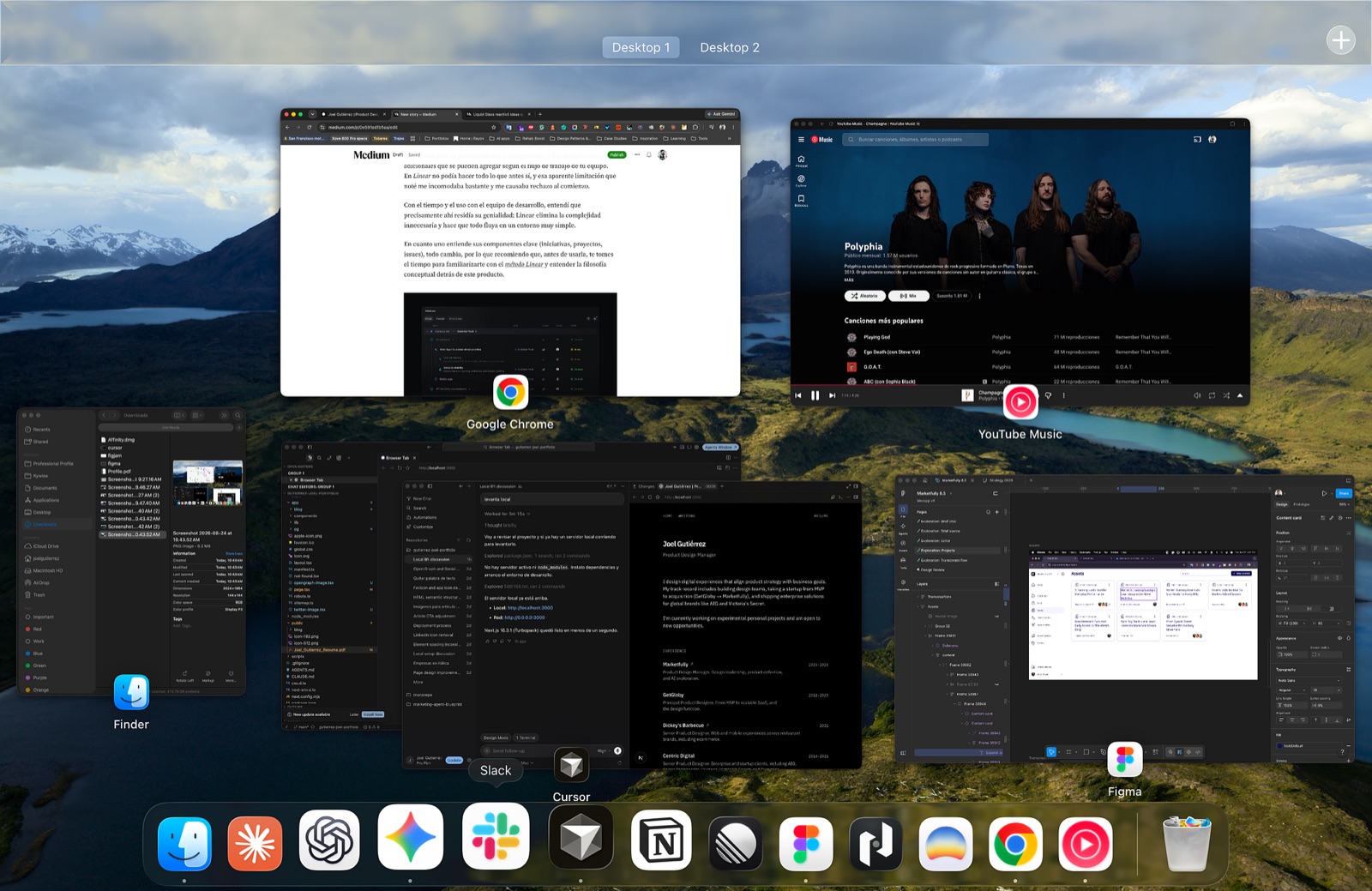 macOS desktop with design, code, browser, and music apps open, and a dock of daily product tools