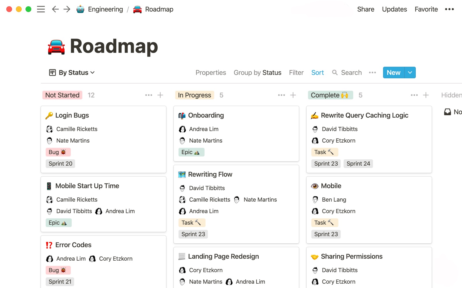 Notion roadmap board grouped by status with engineering tasks and owners