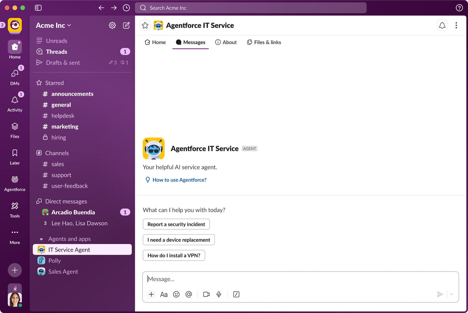 Slack workspace with channels, direct messages, and an AI service agent in the main thread