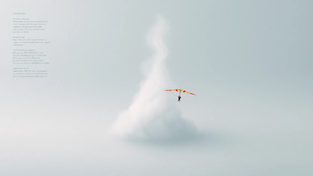 Soft white cloud with a hang glider soaring beside it against a misty sky