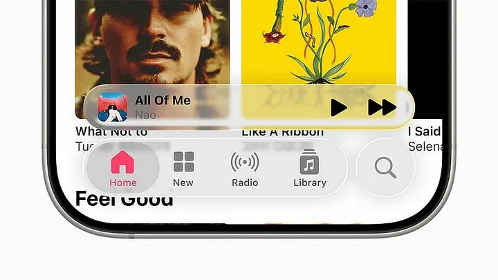 iPhone music app with a frosted-glass mini player and a translucent tab bar