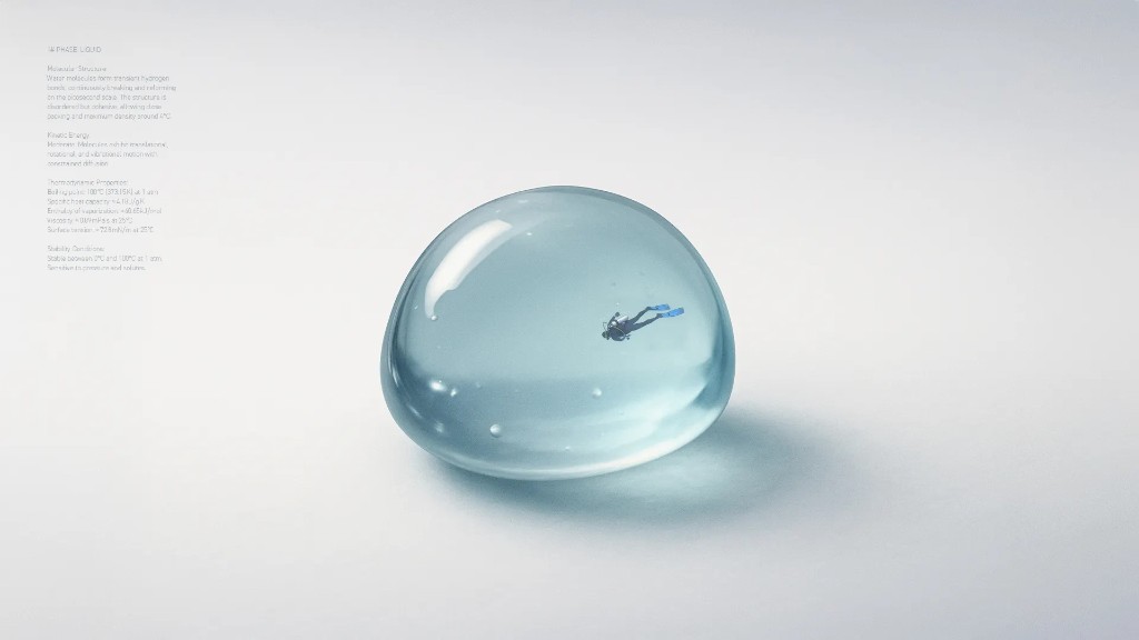 Translucent water droplet with a tiny scuba diver swimming inside
