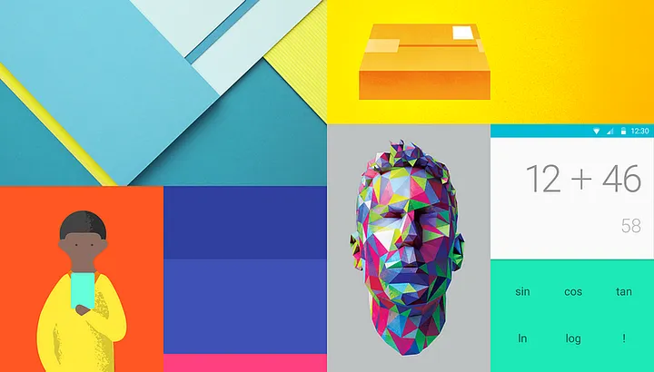 Collage of Material Design graphics including overlapping planes, illustration, and a calculator UI