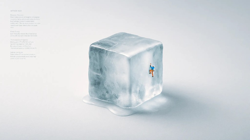 Melting ice cube scaled as a mountain with a tiny climber on its face