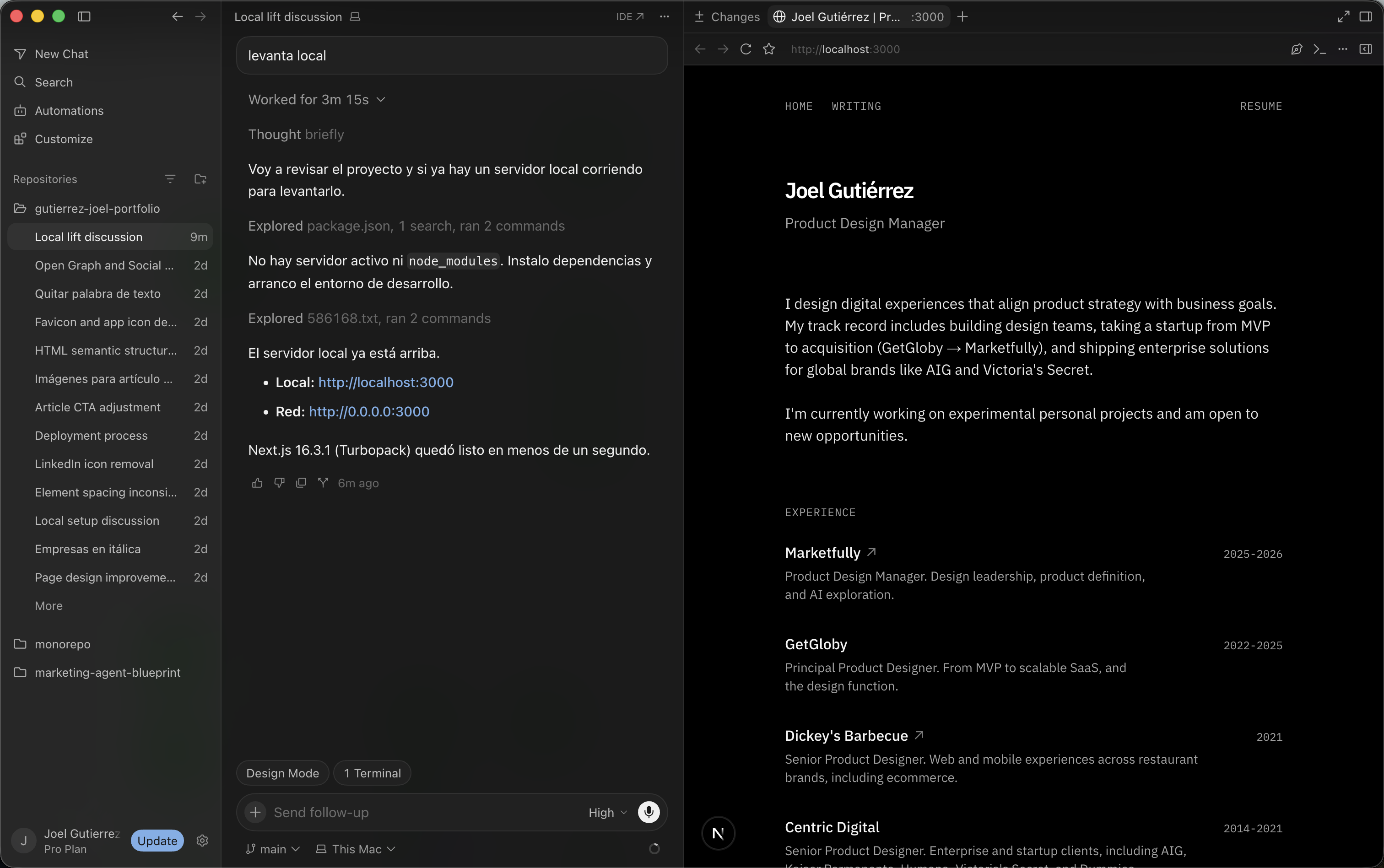Screenshot of the Cursor interface in dark mode, displaying an active AI chat panel on the left, a terminal at the bottom, and a text document on the right