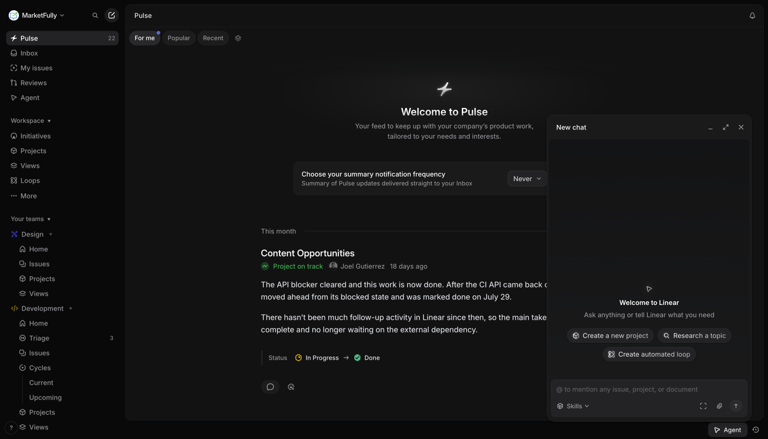 Screenshot of the Linear interface in dark mode, displaying the Pulse dashboard in the center and the AI assistant chat panel on the right