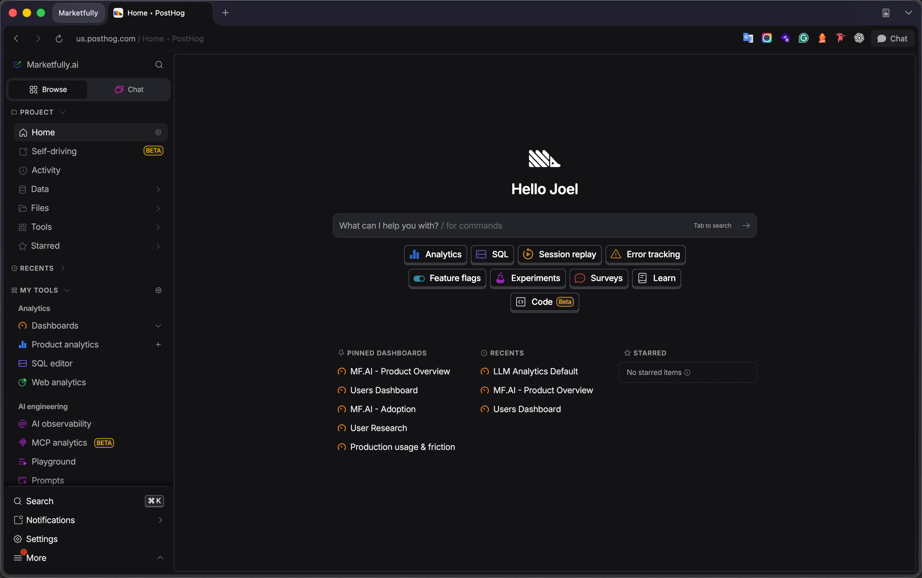Screenshot of the PostHog interface in dark mode, featuring a left navigation sidebar and a central dashboard with a personalized greeting and an AI command prompt